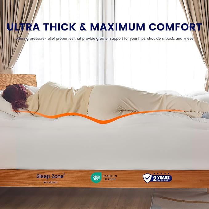 SLEEP ZONE Queen Mattress Protector, Deep Pocket Mattress Pad Cover, Thick Fitted Mattress Topper for Back Pain, Hotel Quality (White, Queen)