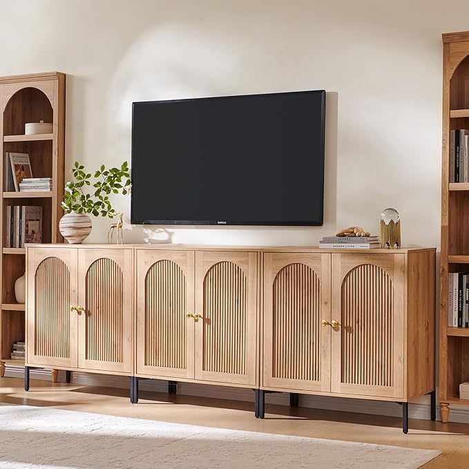 Bathroom Cabinet with Storage, 92.63" W Fluted Arched Free Standing Floor Cabinet w/Adjustable Shelves, Modern Sideboard Cabinet for Bathroom, Kitchen, Living Room, Entryway, Natural
