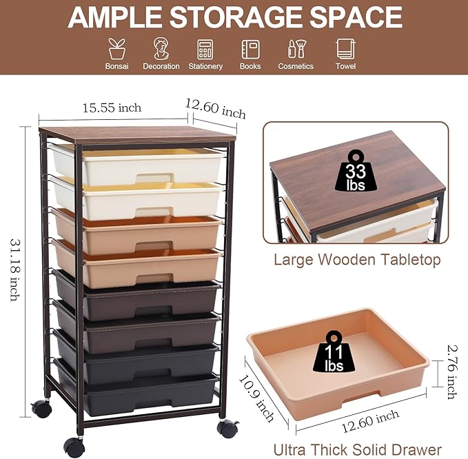 Rolling Storage Cart with Drawers, Rolling Drawer Cart and Wooden Tabletop,Storage Drawer Cart for Living Room,Classroom,Bedroom,Bathroom,Dorm,Office,Brown Gradient