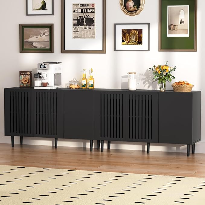 CHUWELL Modern Storage Cabinet, 94.4" Buffet Cabinet with 6 DIY Doors and Adjustable Shelf, Sideboard Coffee Bar with Solid Wood Feet for Kitchen,Dining Room,Living Room,Black