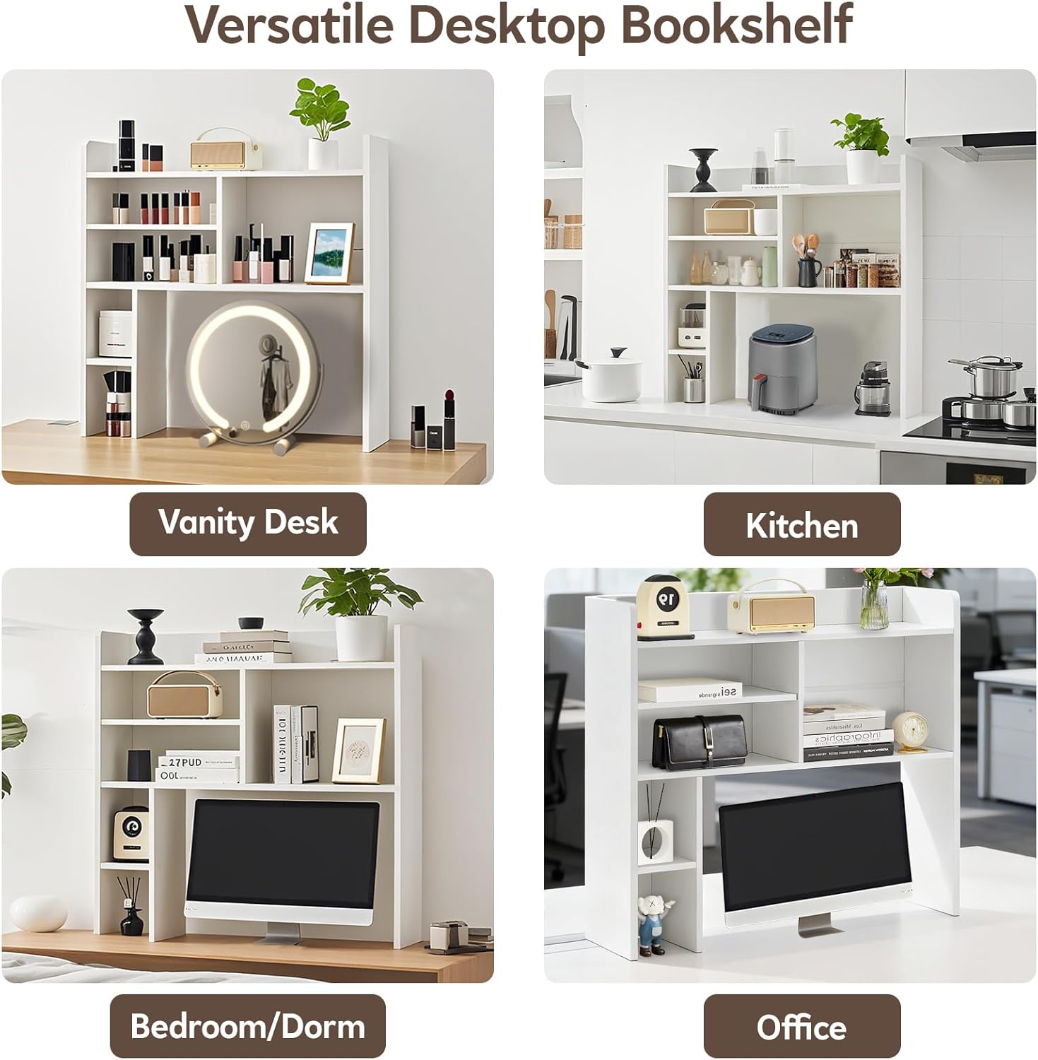 Desktop Bookshelf, Wooden Desk Hutch with 7 Shelves, 35.4" 3-Tier Desk Organizer and Storage Shelf for College Dorm Office Home (White)