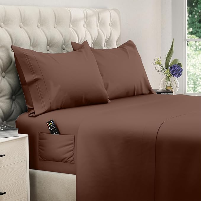 DREAMCARE Full Size Sheets Set - 4 Pcs Cooling Bed Sheets with Up to 15" Deep Pockets - Soft, Long-Lasting 100% Brushed Polyester with Side Pocket (Mocha Brown) DREAMCARE