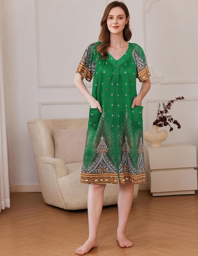 Ekouaer Women Robe Zipper Front Mumu Duster Robes Zip Up Housecoat Soft Sleepwear with Pockets