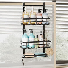 SWTYMIKI Over The Door Shower Caddy - 3 Tier Rustproof Hanging Shower Organizer with Adjustable Shelves, 28 Hooks & Soap Holder, Hanging Shower Rack Storage for Bathroom Accessories, Black