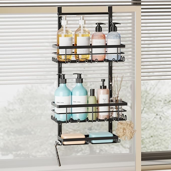 SWTYMIKI Over The Door Shower Caddy - 3 Tier Rustproof Hanging Shower Organizer with Adjustable Shelves, 28 Hooks & Soap Holder, Hanging Shower Rack Storage for Bathroom Accessories, Black