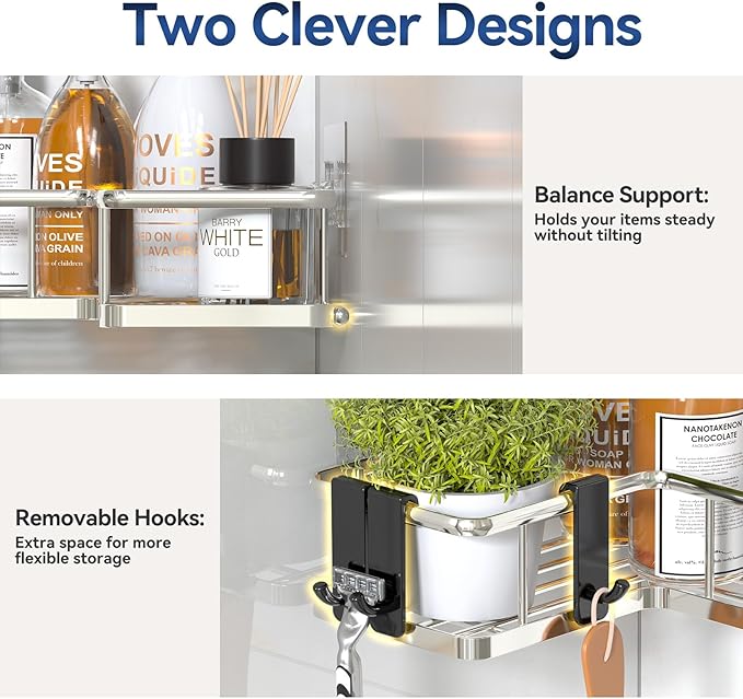 YASONIC Corner Shower Caddy Organizer, 3-Pack Self-Adhesive Rustproof Bath Shelves with Soap Holder & 4 Hooks, Large Capacity Shower Storage Rack for Bathroom Organization, Silver