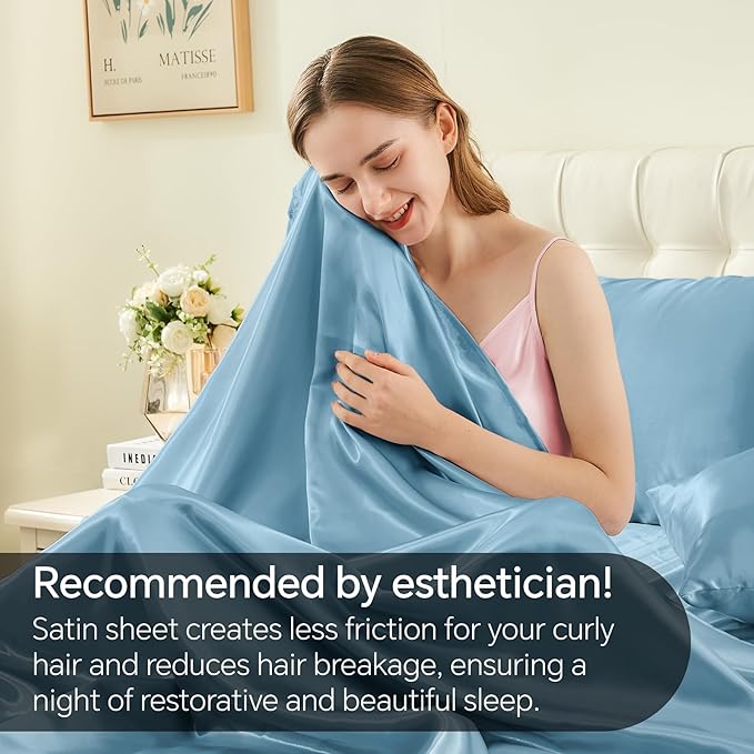 BEDELITE Satin Sheets Full Size Bed Set, Luxury Soft Airy Blue Silky Sheets for Hair and Skin, Similar to Silk Bed Sheets Set 4 Pieces with 1 Deep Pocket Fitted Sheet, 1 Flat Sheet, and 2 Pillowcases