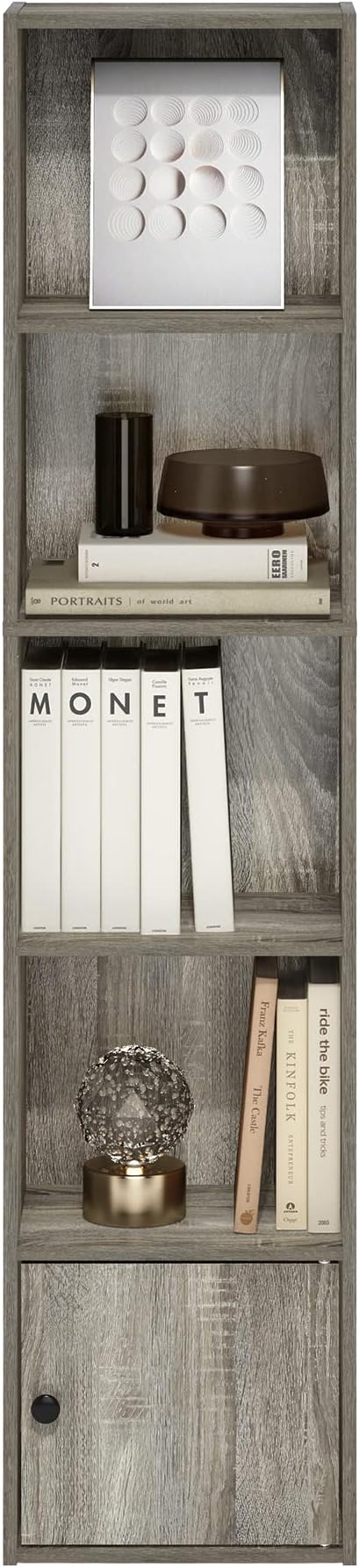 Furinno LUDER Book Shelf, 5-Tier Modern Bookshelf, Bookcase with 1 Door Storage Cabinet, 9.3 x 12 x 52, for Living Room, Bedroom, Home Office, French Oak