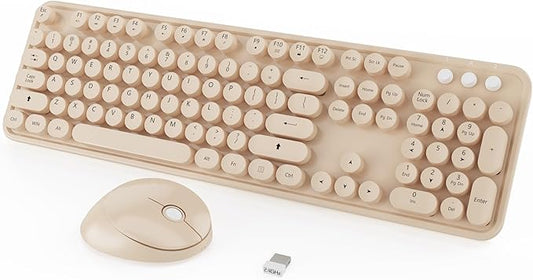 Kootop Wireless Keyboard and Mouse Combo, Cute Colorful 104 Keys Typewriter Retro Round Keycaps Keyboard for PC Laptop,Desktop,Windows, Home and Office Keyboards Coffee
