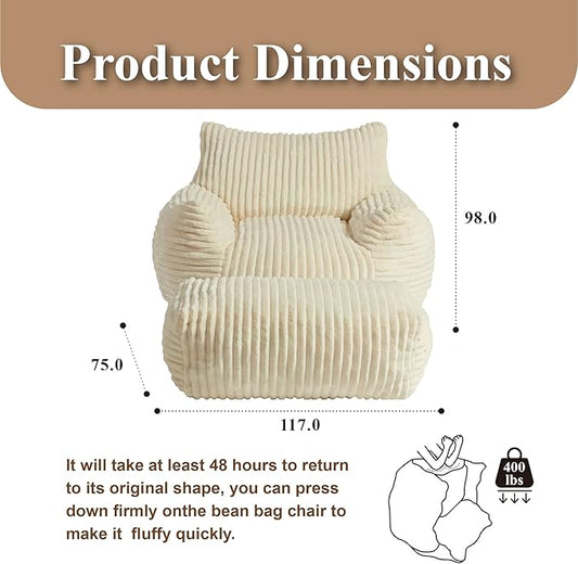Premium Beige Bean Bag Chair for Adults with Armrest- Ultra Plush Memory Foam Lounge Sofa & Comfy Reading Nook Chair for Bedroom, Living Room & Dorm (White, with Footrest)