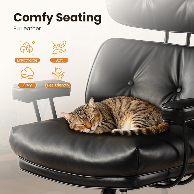 Mid-Century Modern Office Chair, Home Office Desk Chair with Adjustable Lumbar Support, Thickened Cushion Executive Desk Chair with 360 Rolling Swivel for Meeting Game Study Room(Black)