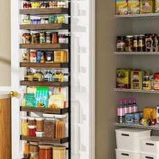 Moforoco Wood 9-Tier Over The Door Pantry Organizer, Wooden Pantry Organization and Storage, Black Hanging Basket Wall Spice Rack Seasoning Shelves, Home & Kitchen