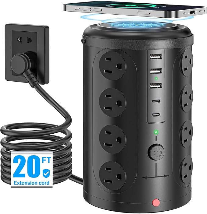 Tower Power Strip, 20FT Extension Cord with Multiple Outlets, 16 AC Outlets & 5 USB (2 USB C) Charging Station Surge Protector for Office Home Dorm Room (Black)