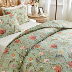 MKXI Farmhouse Floral Comforter Set Gorgeous Bed Comforter Print Orange Pink Flowers On Green Queen Size Botanical Comforters Vine Pattern Aesthetic Bedding Comforter for All Season