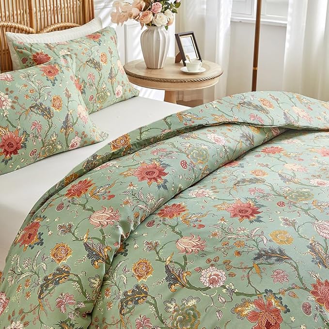 MKXI Farmhouse Floral Comforter Set Gorgeous Bed Comforter Print Orange Pink Flowers On Green Soft Comforter Twin XL Botanical Comforters Vine Pattern Aesthetic Bedding Comforter for All Season