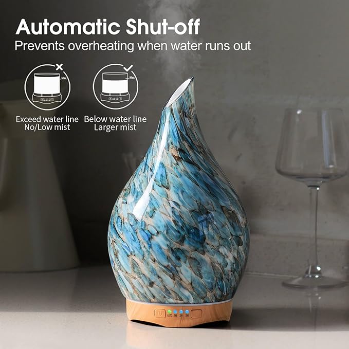Porseme 280ml Essential Oil Diffuser Glass Color Changing Aroma Air Diffusers Aromatherapy Ultrasonic Cool Mist Humidifier 7 Running Hours Waterless Auto-Off for Sleeping Yoga Office Spa (Light Blue)