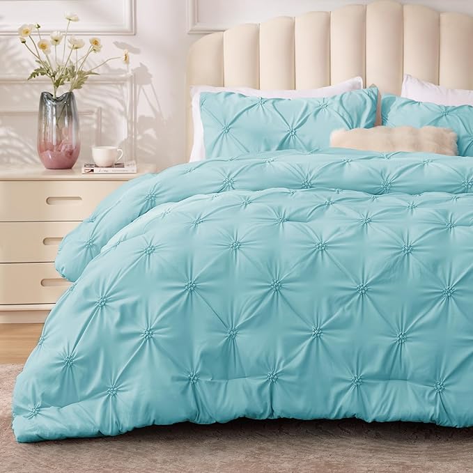 BEDELITE Macaron Blue King Size Comforter Set - 3 Pieces Boho Pintuck Bedding Comforter Sets, Lightweight Soft & Warm King Bedding Set with 2 Pillowcases for All Season