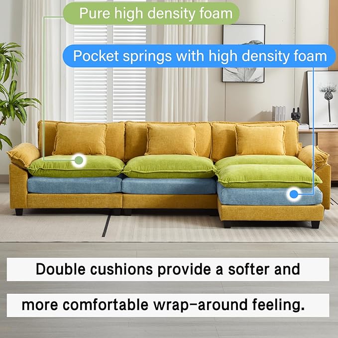 120" Modular Sectional Sofa, Comfy Cloud Couch Sectional Sofa with Ottoman, Chenille Sofa Sleeper Deep Seat Sofa with Throw Pillows for Living Room (Yellow, 120"- L Shape)