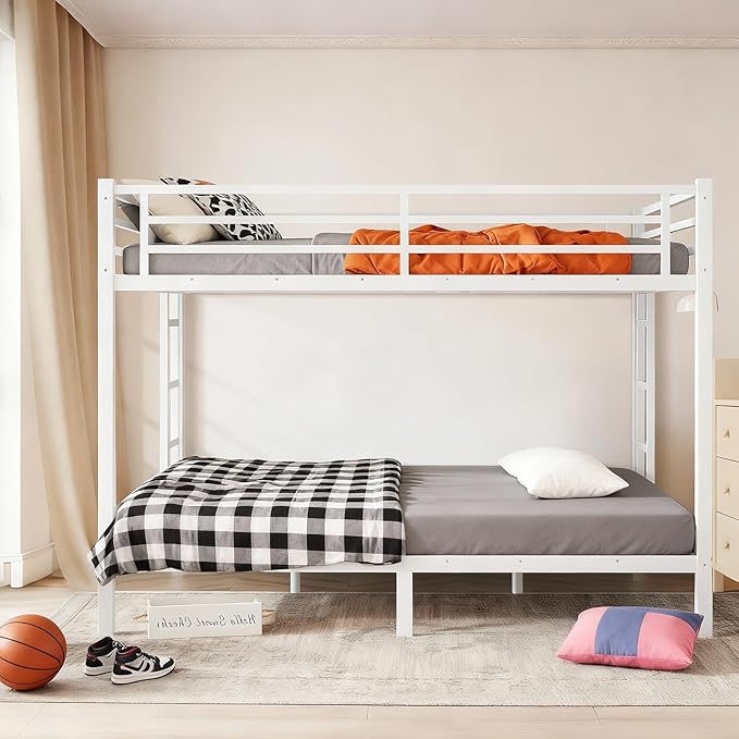 Queen Over Queen Bunk Bed, Metal Bunk Bed Frame Heavy Duty Bunk Beds Loft Bed Frame with Ladder and Guardrail Metal Slats No Box Spring Required for Adults Teens, White