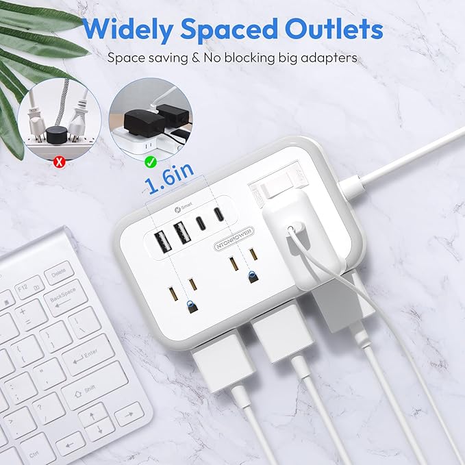 Power Strip 10 ft, Flat Plug Extension Cord with 6 Outlets 4 USB Ports, Outlet Extender Long Cord, Overload Protection, Extension Cord with Multiple Outlets for Indoor, Home, Office