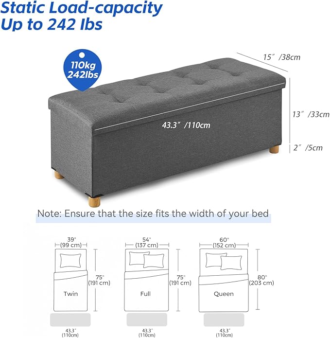 BRIAN & DANY 43 Inches Folding Storage Ottoman Bench, Ottoman with Storage Bench for Bedroom, Living Room, Entryway, Foot Rest with Legs, Dark Gery