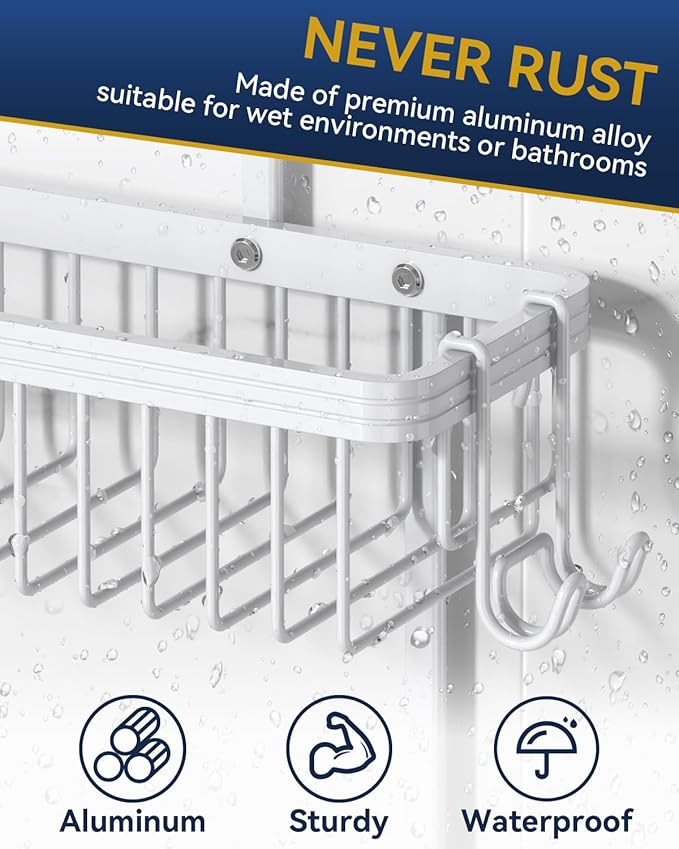 YASONIC Shower Caddy Hanging, Never Rust Shower Organizer Hanging, Aluminum Shower Racks for Inside Shower with Hooks for Razor, Bathroom Organizers and Storage with Soap Holder, White