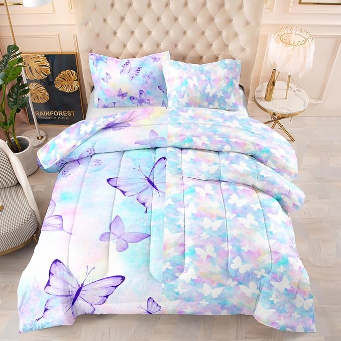 CVHOUSE Butterfly Reversible Comforter Set,Rainbow Butterfly Bedding Set for Girls Kids Teens,Tie Dye Butterflies Comforter Butterflies Duvet Set Room Decor Quilt Set Queen Size