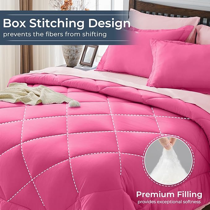 HEVUMYI Hot Pink & Baby Pink King Comforter Set - 7-Piece All Season Bed in a Bag King, Ultra Soft Bedding Set with Comforter, Flat Sheet, Fitted Sheet, Pillowcases, Pillow Shams