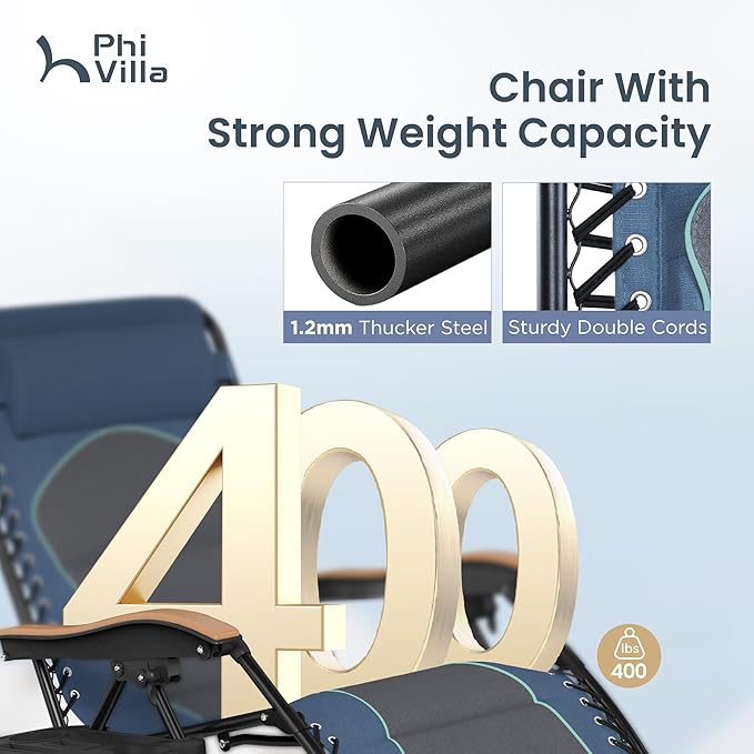 PHI VILLA XXL Oversized Padded Zero Gravity Chair Set of 2, Foldable Patio Recliner, 30" Wide Seat Anti Gravity Lounger with Armrest and Cup Holder, Support 400 LBS (Blue Accents)