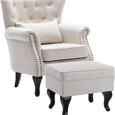 Accent Chair with Ottoman Modern Button Tufted Armchair Wingback Club Chair Linen Fabric Single Sofa Lounge Chair with Pillow for Living Room Bedroom, Beige