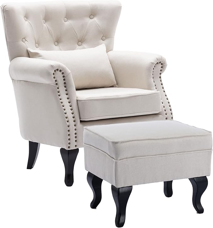 Accent Chair with Ottoman Modern Button Tufted Armchair Wingback Club Chair Linen Fabric Single Sofa Lounge Chair with Pillow for Living Room Bedroom, Beige