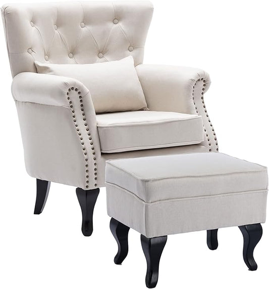 Accent Chair with Ottoman Modern Button Tufted Armchair Wingback Club Chair Linen Fabric Single Sofa Lounge Chair with Pillow for Living Room Bedroom, Beige