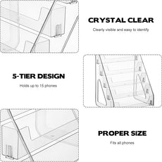 15-Grid Cell Phone Holder Desktop Organizer Clear Acrylic 5 Tier Classroom Cell Phone Storage Box Mobile Telephone Smartphone Case Organizer Table Top Drawer Tray for Office Boardroom School