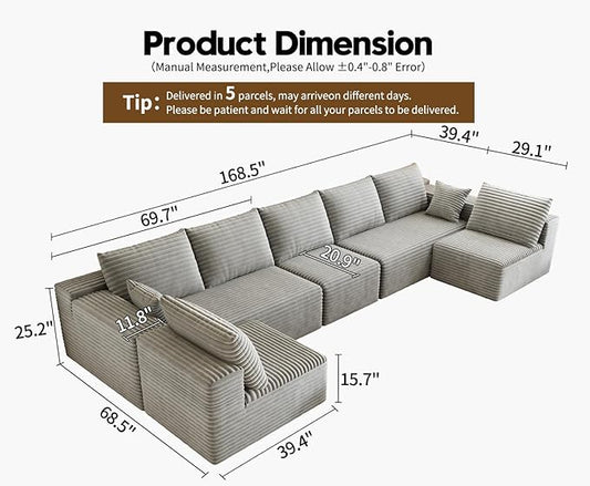 168.5" Modular Sectional Sofa, Oversized U-Shaped Minimalist Couches with 3 Middle Seats Chaise, Modern Deep Seat Convertible Sleeper Sofa, Cloud Plush Corduroy Fabric,7 Seater, Grey