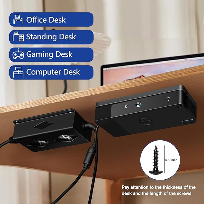 Under Desk Mount for Dell WD19 / WD19S / WD19TBS / WD19TB / WD22TB4 Dock + Power Bricks (for 180W and 130W), Docking Station & Power Bricks Holder