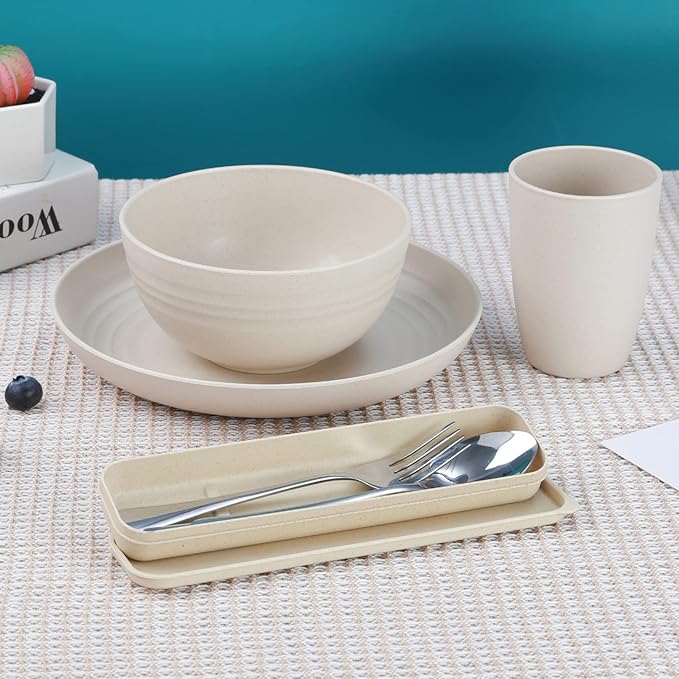 28PCS Kitchen Wheat Streaw Dinnerware Sets for 4, Wheat Straw Plates and Bowls Sets, College Dorm Dinnerware Dishes Set for 4 with Cutlery Set