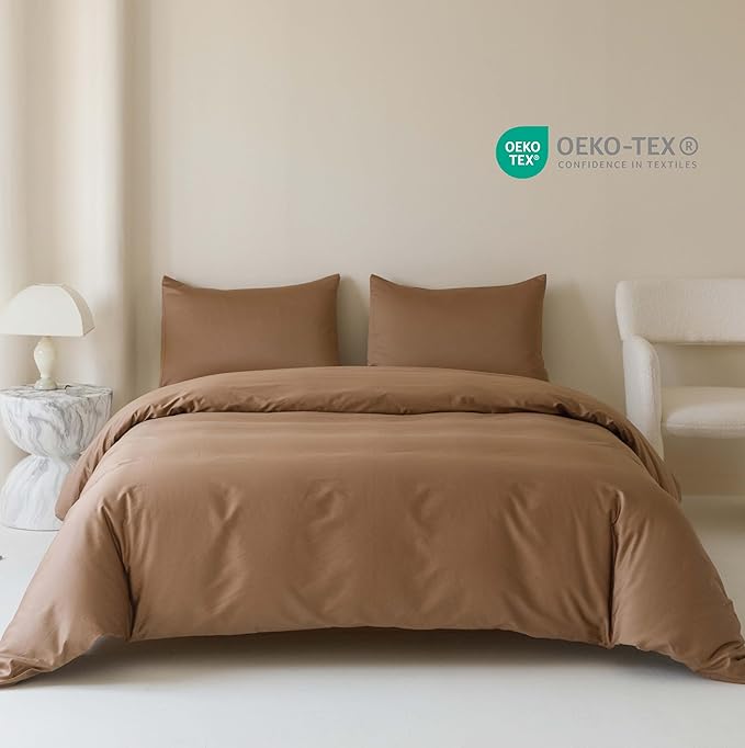 HeimenAogo Egyptian Cotton Duvet Cover Queen Size Sateen Weave, Silky Soft and Breathable Bedding Set with Zipper Closure, Long Staple Cotton Bed Linen Brown 3Pcs (90"×90")