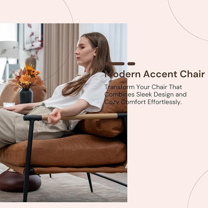 Mid-Century Accent Chair Set of 2, Soft Armchair PU Leather Lounge Chair with Black Metal Legs, Upholstered Leisure Chair for Living Room Bedroom Reception Room, Brown