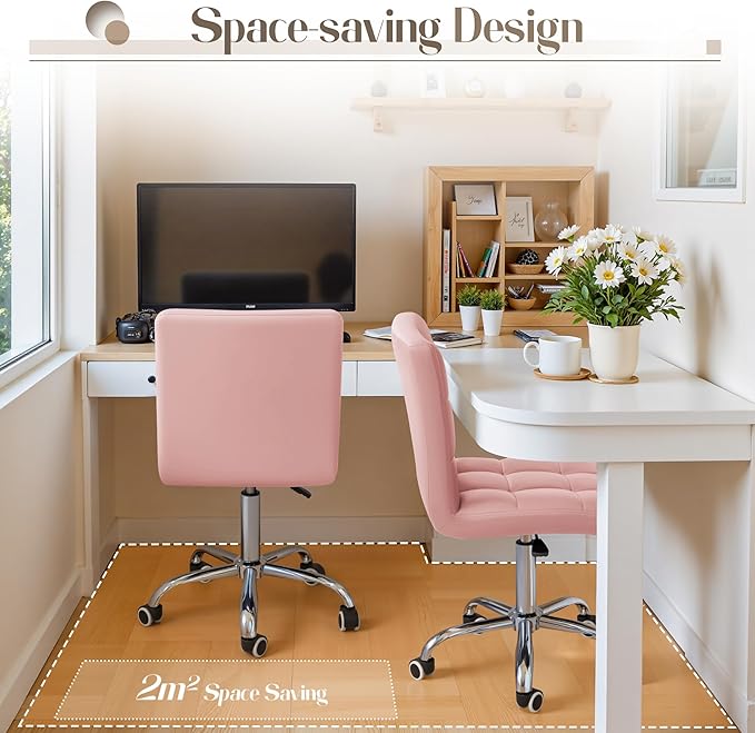 Furmax Mid-Back Office Task Chair Ribbed PU Leather Executive Chair Modern Adjustable Home Desk Retro Comfortable Work Chair 360 Degree Swivel with Arms (Light Pink)