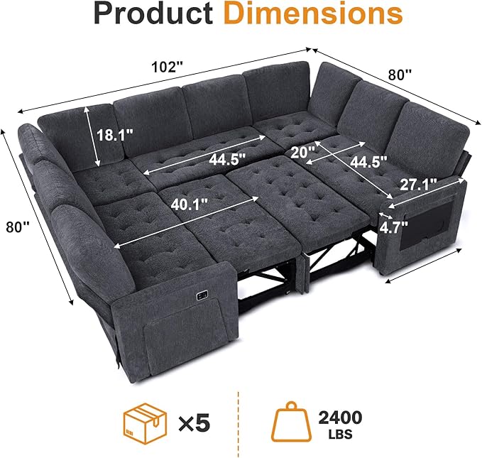 WEUP 8 Seat U Shaped Sectional Sleeper Sofa Bed with Pull Out Bed, Chenille Sectional Sleeper Couch with Adjustable Backrest, USB Ports, LED, Side Table, Tool-Free Assembly, Chenille Dark Grey