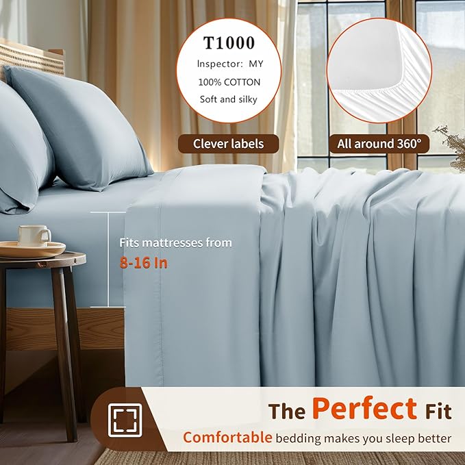 LBRO2M 1000 Thread Count 100% Egyptian Cotton Sheets Set California King Size, 4 Piece Sets Bed Sheet Deep Pocket Sheet Set 16" Soft Comfortable All Season (California King, Ice Blue) LBRO2MBedding