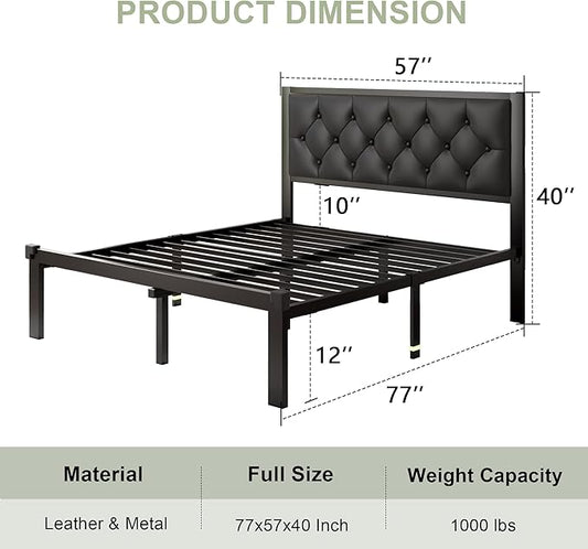 Feonase Full Size Metal Bed Frame with Faux Leather Button Tufted Headboard, Heavy-Duty Platform Bed Frame with 12" Storage, Steel Slats Support, No Box Spring Needed, Noise Free, Matte Black