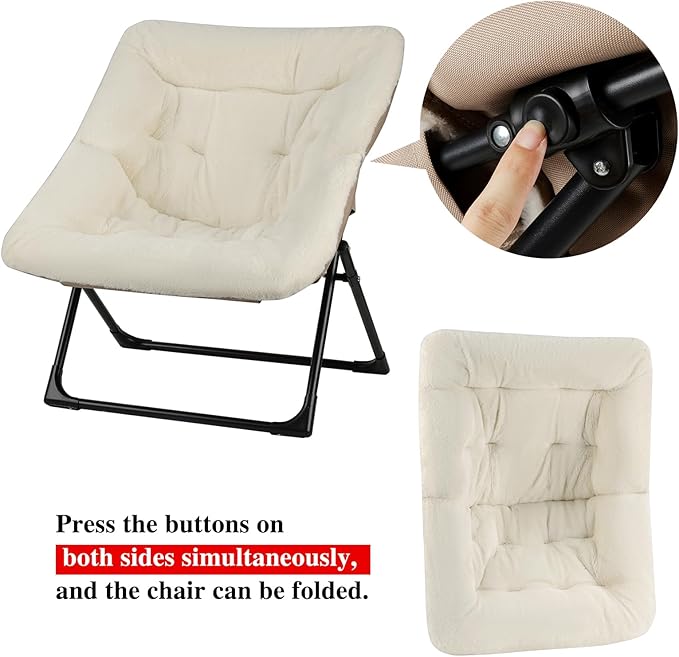 Comfy Saucer Chair for Adults, Soft Faux Fur Bedroom Chair, Accent Dorm Chairs, Flexible Living Room Reading Chairs, Oversized Folding Lounge Seat for Teens, X-Large, Beige