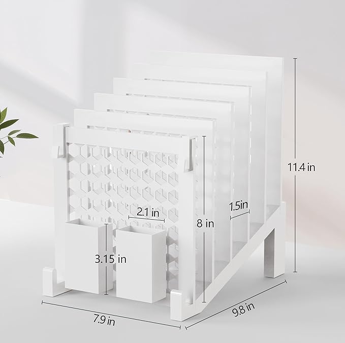 File Organizer for Desk with Storage Box & Hook, Inclined Desk File Organizer with 5-Section Vertical File Holder suitable for Home Office Document Organization (White)