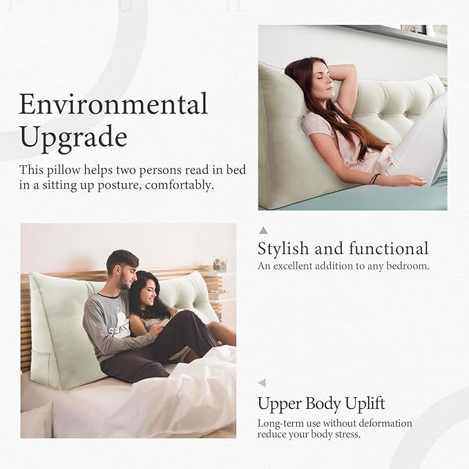 10 lbs Thickened Full Headboard Pillow for Sitting Up in Bed, Back Support Reading Pillow with Side Pocket and Velvet Removable Cover, Triangular Large Wedge Headboard Pillow