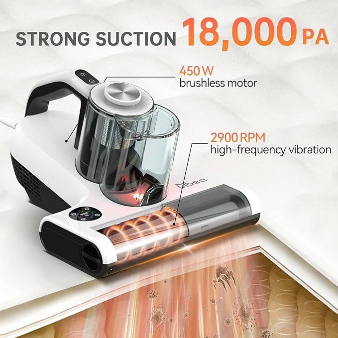Dibea Handheld Mattress Vacuum, Upholstery Bed Vacuum Cleaner Machine, 18KPa Suction, 140℉ Heating, Smart Dust Sensor, Washable HEPA Filter, Deep Clean Dust, Debris on Couch, Fabric, Furniture