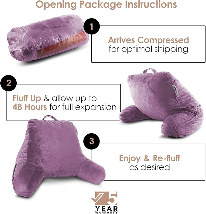 Nestl Reading Pillow with Shredded Memory Foam, Designed for Sitting Up in Bed and Couch, Back and Arms Adjustable Support for Adult & Teens Backrest Pillows for Reading Washable Cover, Lavender Dream