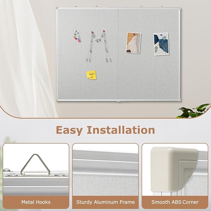 DOLLAR BOSS Foldable Linen Board, 48 x 36 Inch Corkboard, Large Bulletin Board, Portable Double Sided Aluminum Frame Wall Mounted Pin Board for Office School Dorm Supplies with 20 Push Pins, Grey