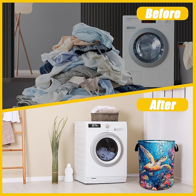 Colorful Sea Turtle Laundry Basket,Foldable Oxford Cloth Funny Tote Bag Laundry Hamper Clothes Storage Bucket Toy Organizer For Bathroom Laundry Storage Bedroom 18.9x16.5