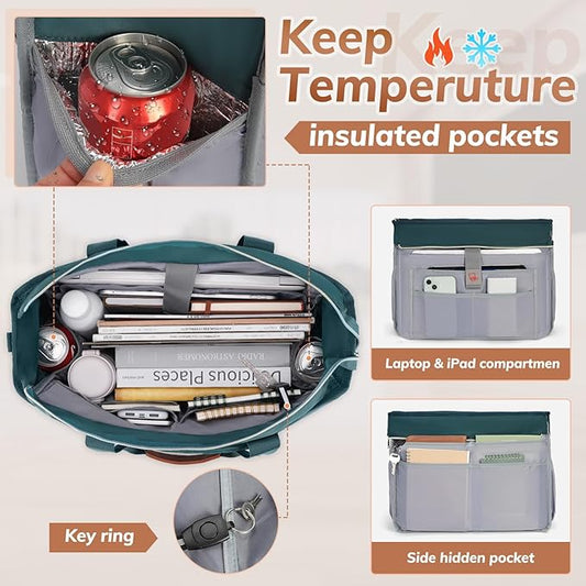 RAINSMORE Teacher Tote Bag for Women Work Bags 15.6 Inch Laptop Tote Bag with Large Cup Holder Nurse Bag Computer Handbag